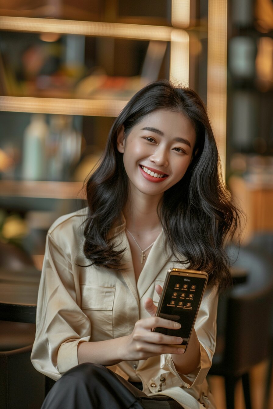 Beautiful Vietnamese woman receiving instant payment confirmation