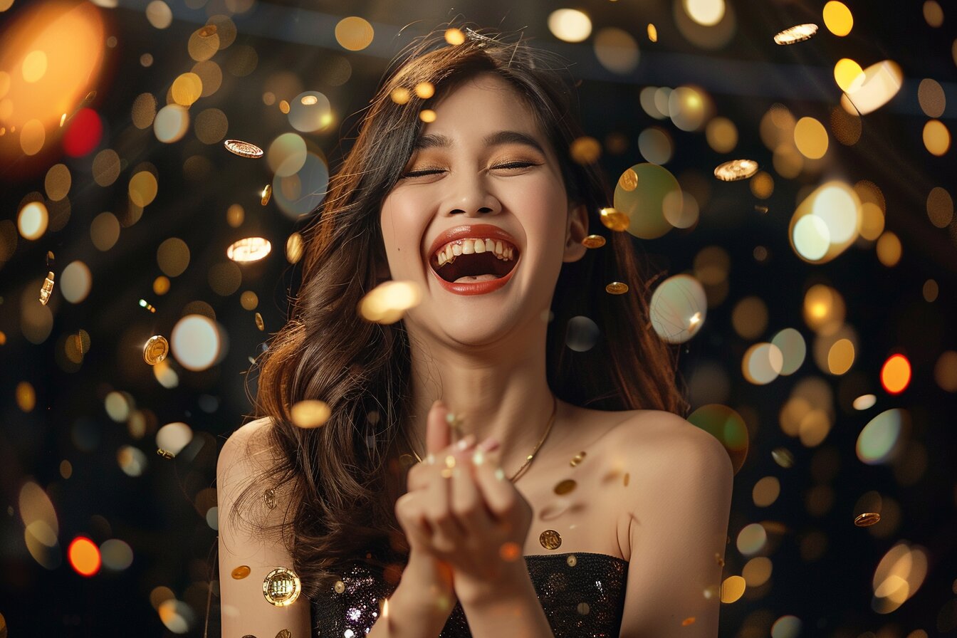 Celebration scene with golden coins raining down