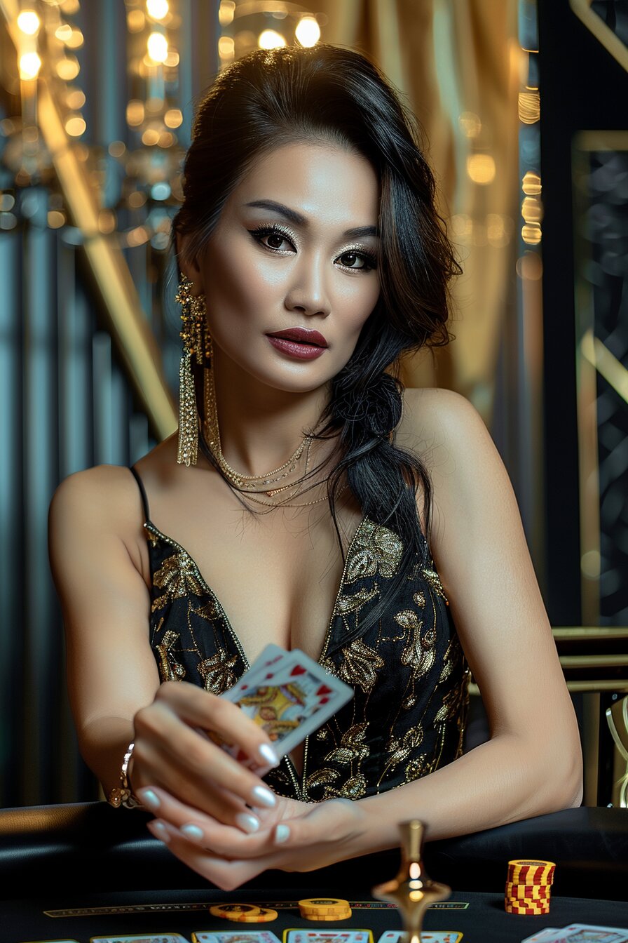 Beautiful Asian woman at luxury casino table with golden lighting
