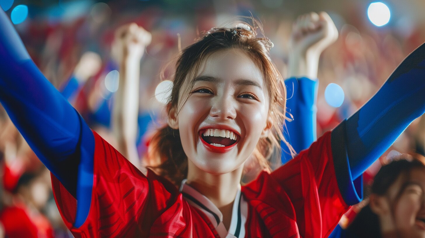 Beautiful Vietnamese woman watching international football match with team jersey