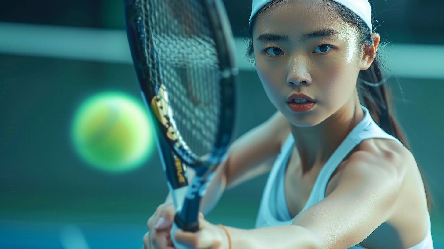 Beautiful Vietnamese woman playing tennis with professional equipment